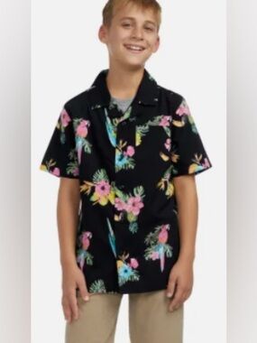 Hurley Youth Black Tropic Hawaiian Button Down Shirt size 14/16